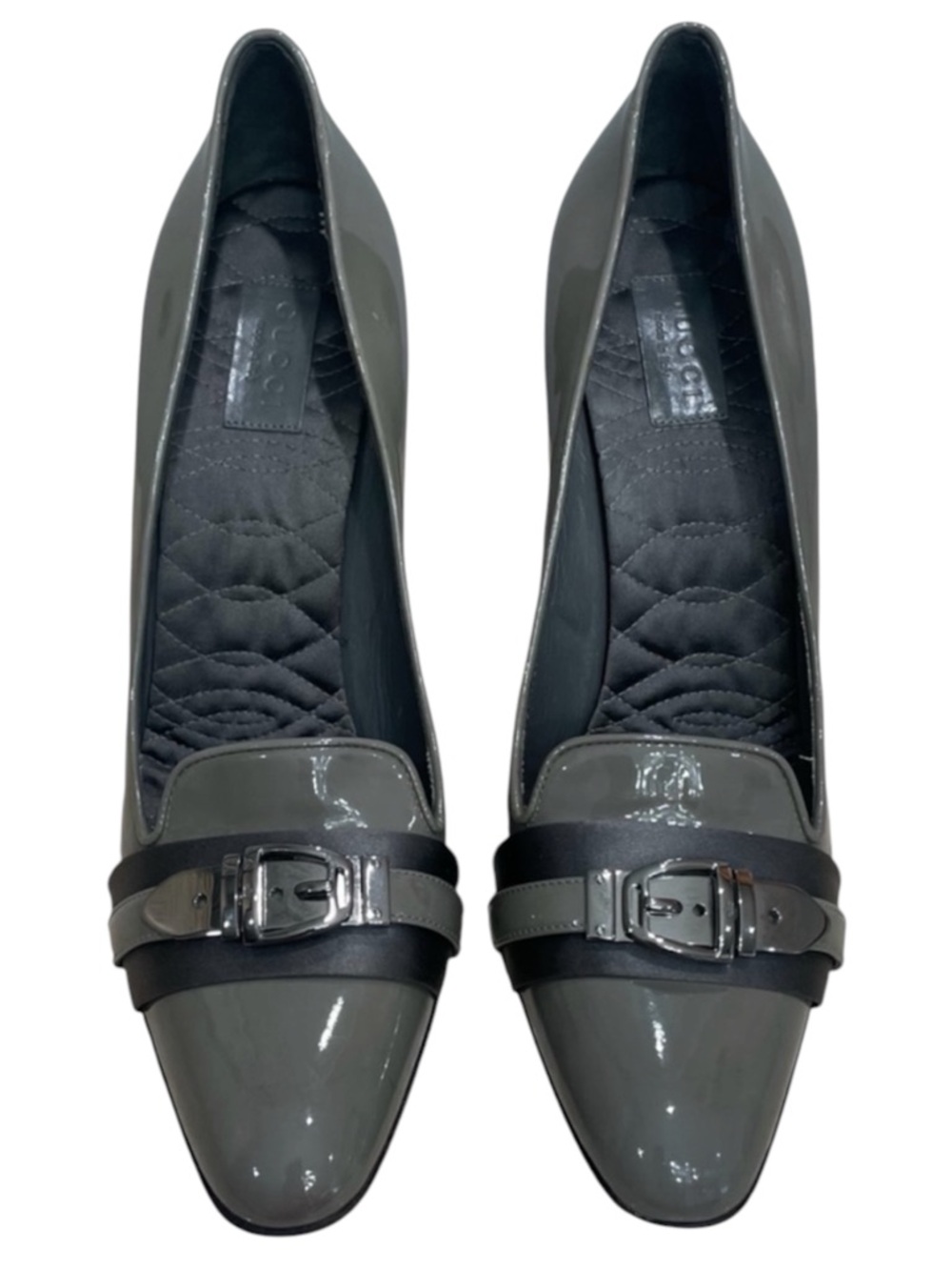 GUCCI Olive Green Gray Patent Leather Buckle Pumps US 10 B - Picture 4 of 14